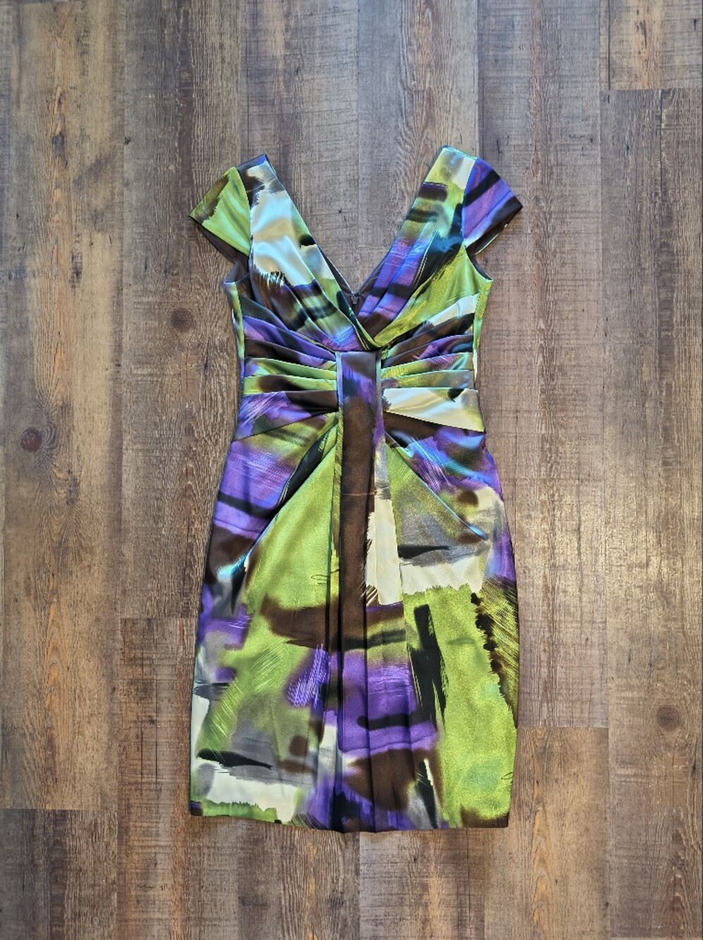 Maggy London Green Purple Abstract Brushstroke Pattern V Neck Midi Dress Size 6